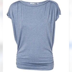 Max Studio Heather Blue Braided Boat Neck Ruched Side Dolman Sleeve T-shirt
